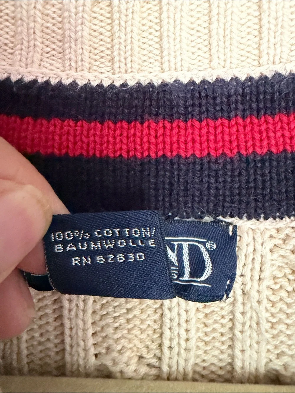 Vtg LANDS END Cable Knit Sweater Men’s L 42-44 V-Neck Preppy Academia Striped
